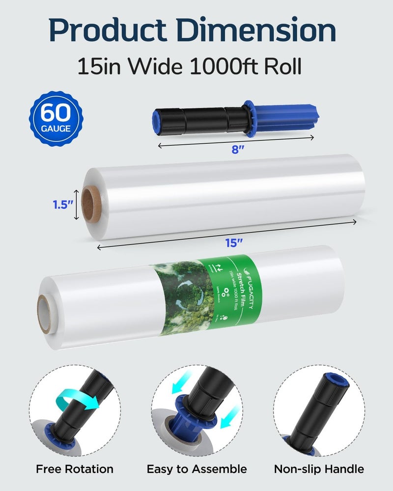 FugaCity Stretch Wrap Film-15 IN 1000 FT 60 Gauge (2 Roll with Handles) Shrink Wrap for Furniture Wrapping Shipping, Moving Supplies Clear Plastic Wrap, Heavy Duty Industrial Strength,500% Stretch - Image 2